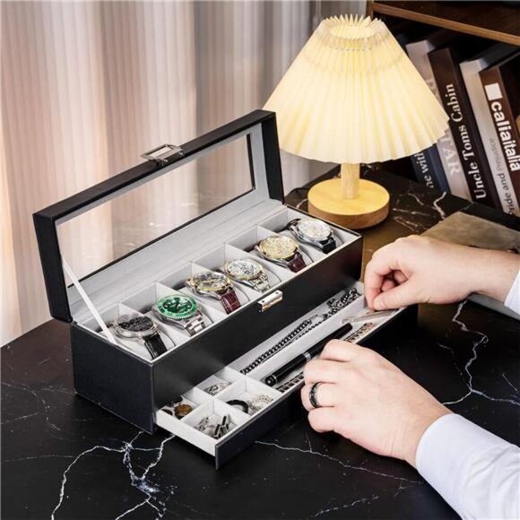 Watch Display Case 6 Slot Glass Lid Jewelry Drawer Black Leather Organizer - Picture 5 of 7